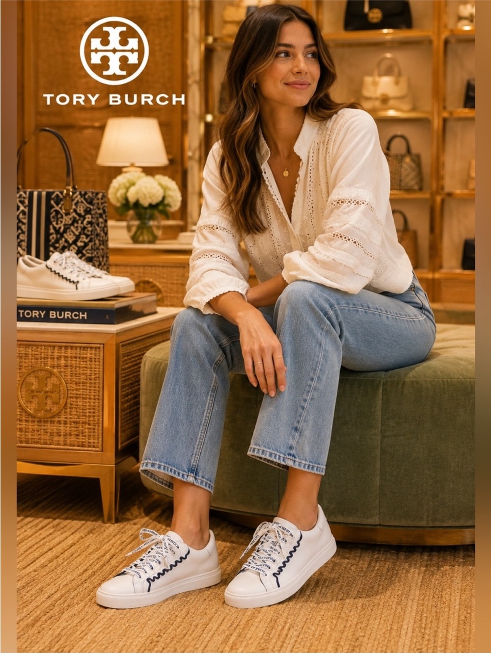 Tory Burch White Sneakers with Navy Trim ~ Size 10